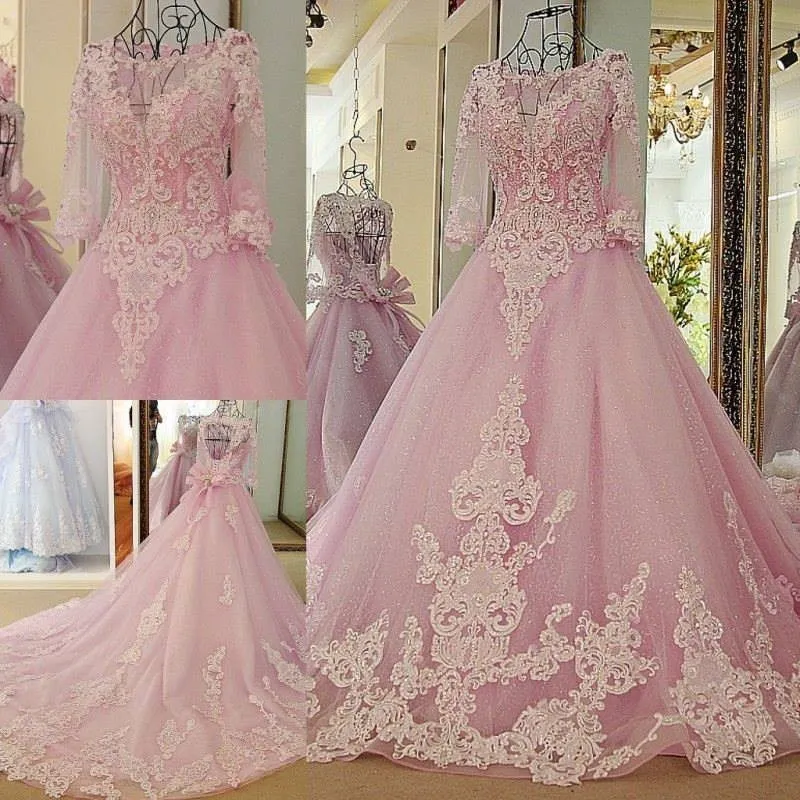 Розовое мяч платья сексуальные красочные свадебные платья с 3/4 рукавами с бисером кружева аппликации корсет задний белый свадебные платья Couture