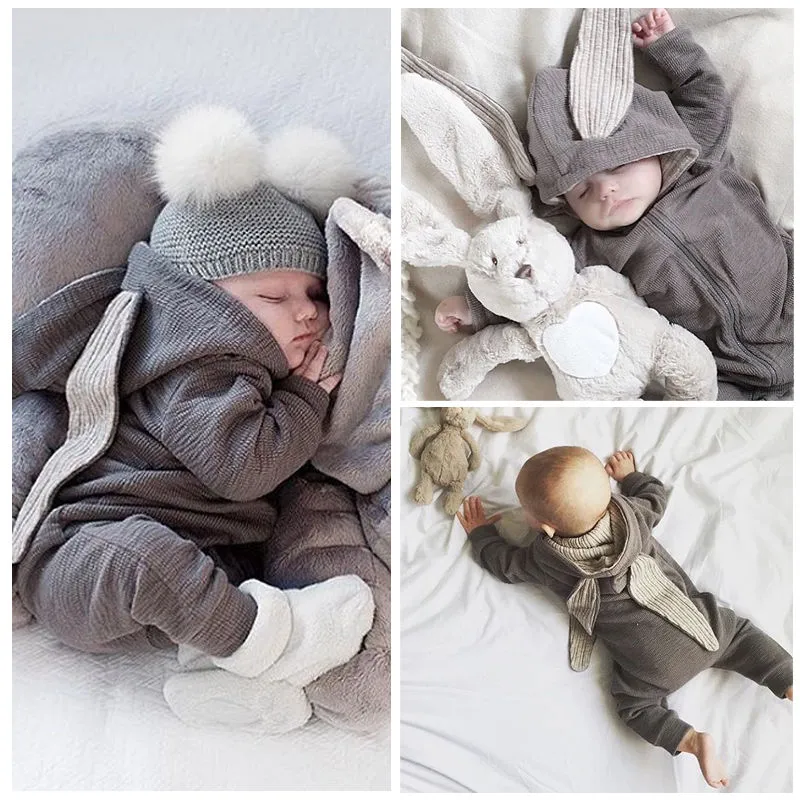 Nyfödd spädbarn baby flicka pojke kläder söt 3d kanin öra romer jumpsuit playsuit höst vinter baby rompers en bit outfits barn kläder