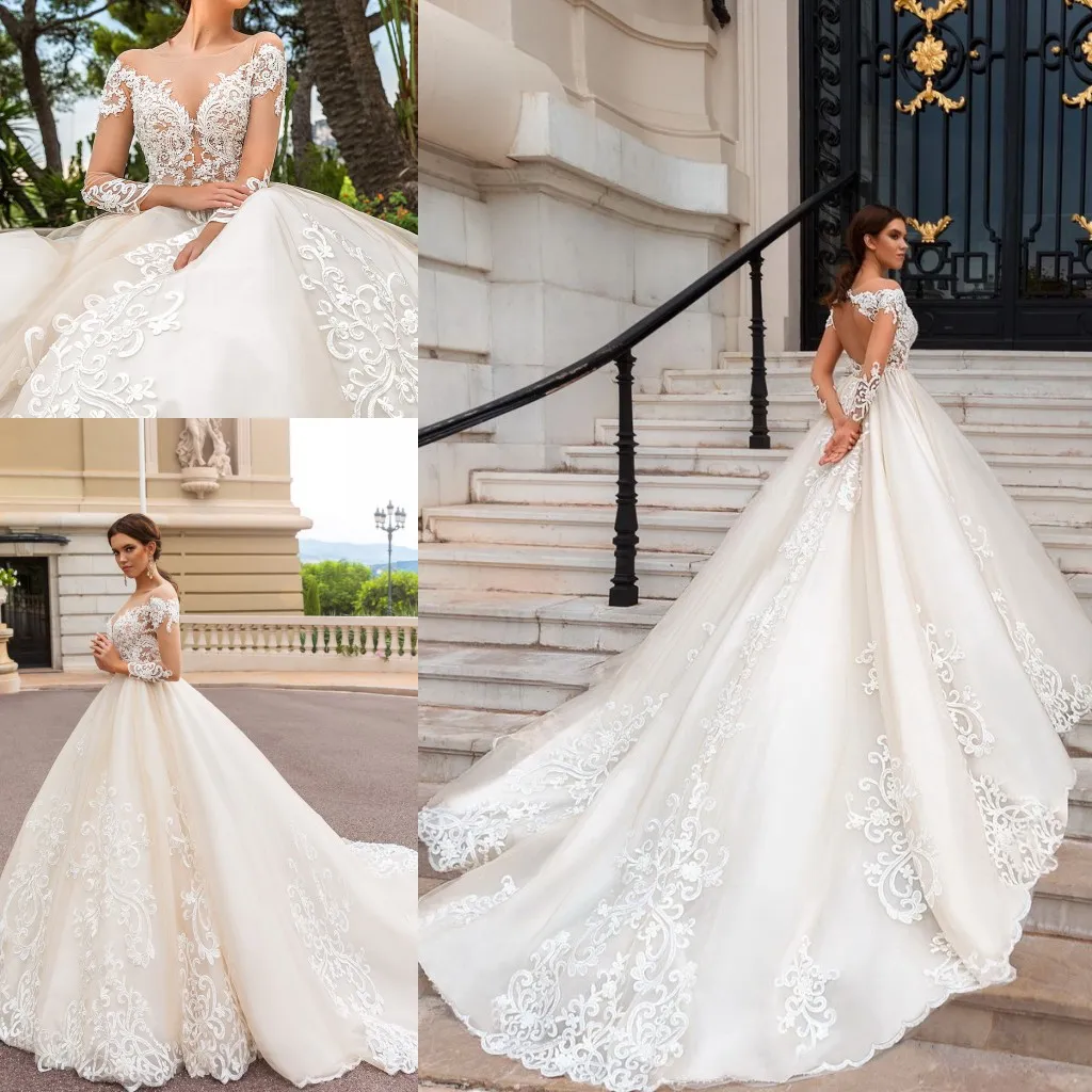 2020 Vestidos De Novia Vestidos de novia de encaje Cuello transparente Apliques Una línea Mangas largas Vestidos de novia vintage Ilusión Volver Vestidos de novia