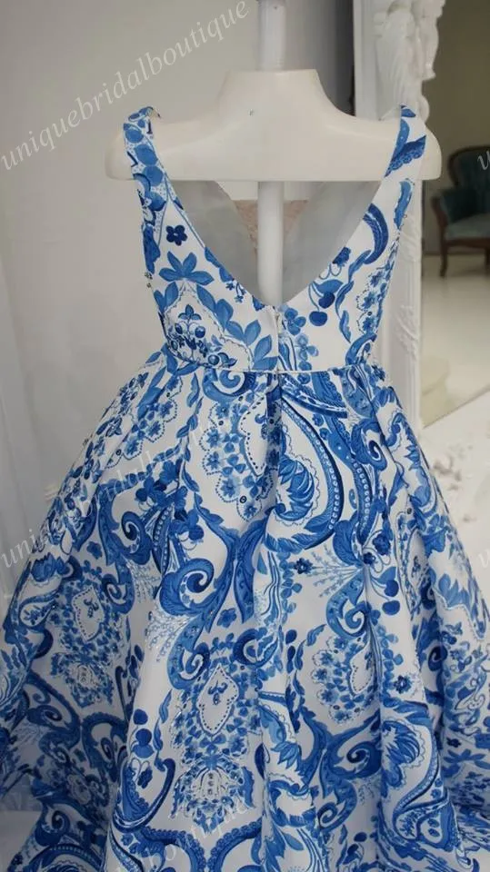 Criança Infantil Meninas Garoto Beleza Pageant Vestidos 2019 Azul e Branco Porcelana Estilo Chinês Meninas Festa de Aniversário Vestidos Formais