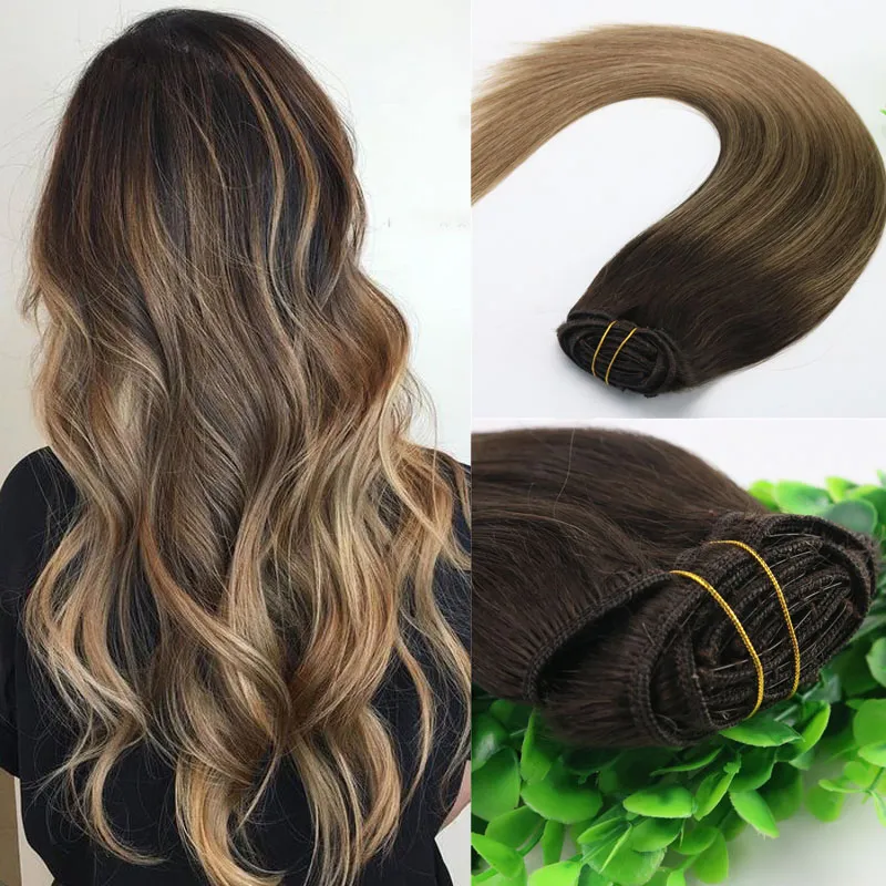 8A 7pcs 120gram 14inch 18inch 20inch 24inch Clip In Human Hair Extensions Ombre Dark Brown To Light Brown Balayage Highlights Hairstyle