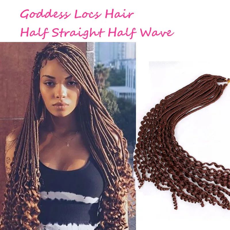 18 "godin faux locs bruin, bug godin locs haar 120 g half rechte, krullende vlechten synthetische haarverlenging haak vlechten haar voor vrouwen