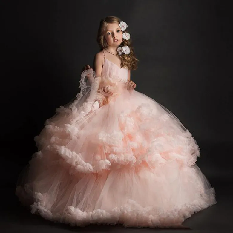 2022 Girls Pageant Dresses Blush Pink Ruffled Ball Gowns Straps Backless Tulle Flower Girls Dress For Teens Puffy First Communion 4939504