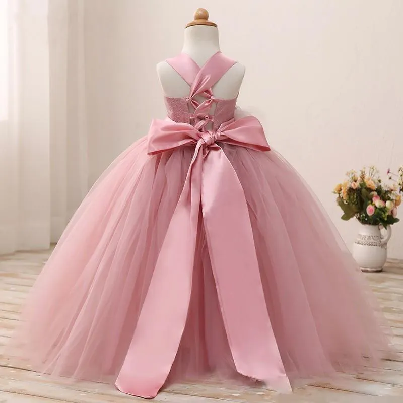 Erröten rosa Spitze Blumenmädchenkleider besondere Anlässe für Hochzeiten Feder Kinder Festzug Kleider Ballkleid Tüll Erstkommunion Kleid