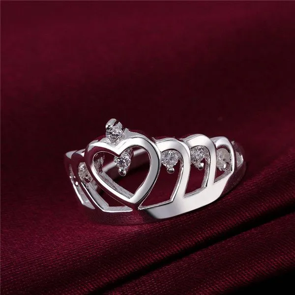 여성 WR407를위한 최고의 선물 상감 돌 심장 왕관 모양의 실버 보석 반지, 패션 흰색 보석 925 실버 결혼 반지