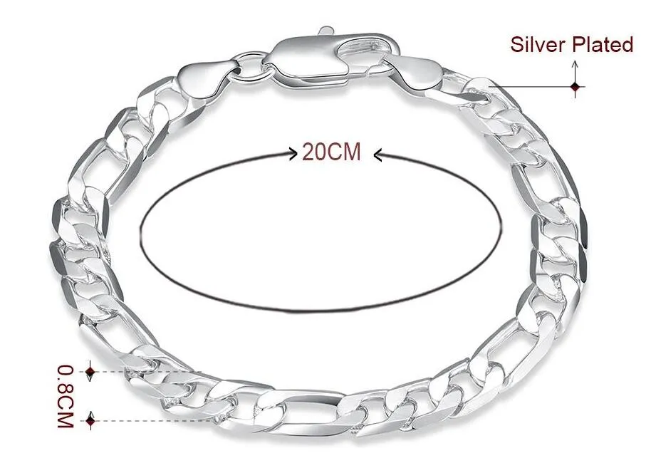 Traditionskedja Högkvalitativ topp Försäljning Plating Mäns Smycken 925 Silver 8mm Flat Figaro Chain Armband Mäns Armband 20cm 10st