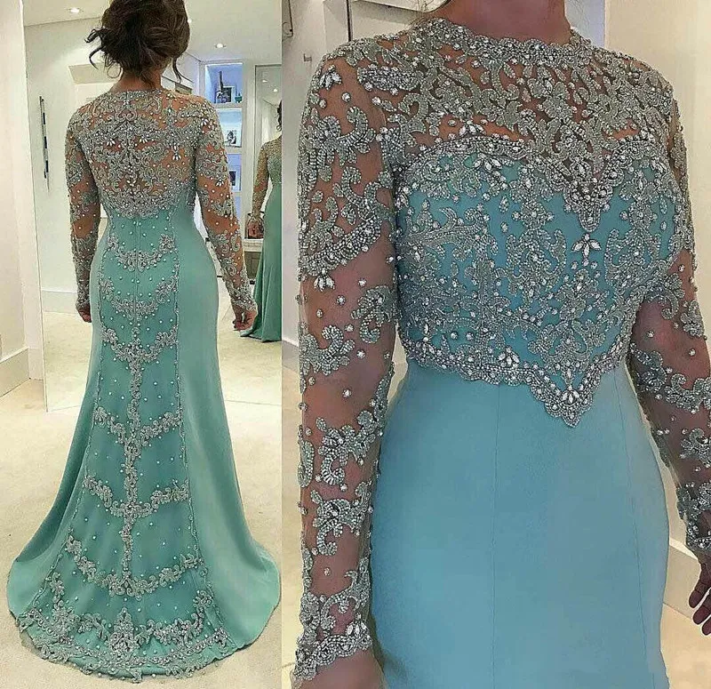 Shiny Mermaid Prom Dresses Long Sheath Sheer Formal Dress With Sleeves Beaded Crystal Gowns Evening Wear