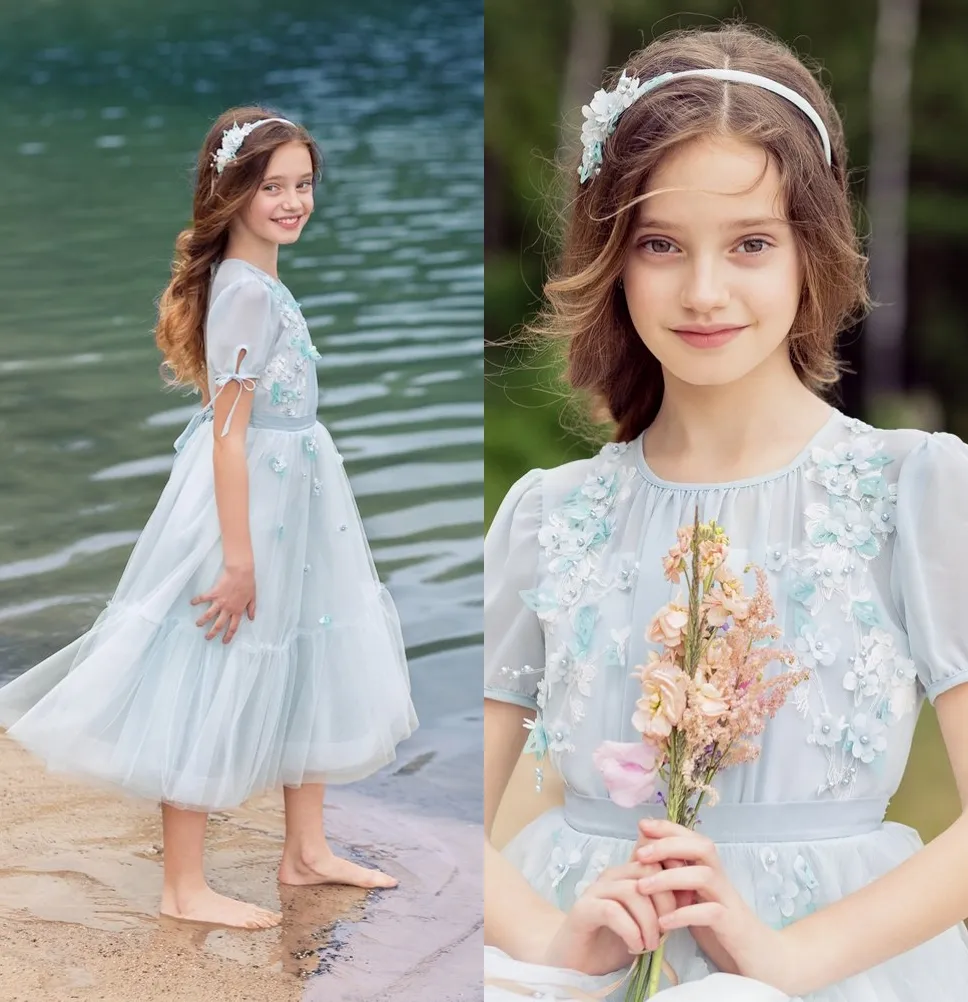 vestidos de primera comunion Papilio Kids First Communion Dresses for Little Girls Tea Length Bohemian Boho Flower Girl Dress Sleeves