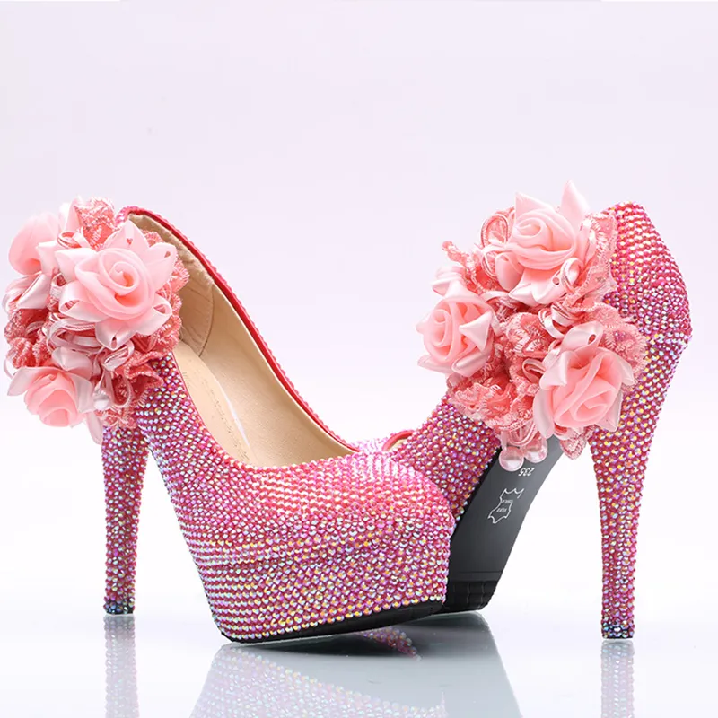 New Arrived Gorgeous Women Dress High-Heel Pink AB Color Flower Crystal Wedding Party Shoes Handmade Banquet Bridal Pumps