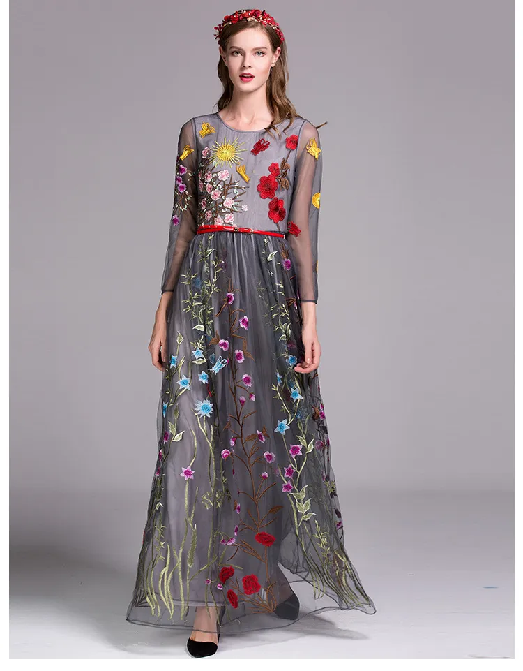 2019 Women`s O Neck 3/4 Sleeves Floral Embroidery Layered Elegant Party Prom Long Runway Dresses