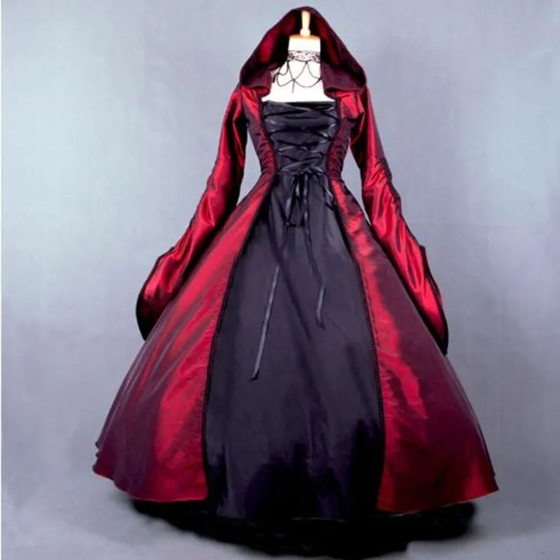 18th Century Hooded Wine Red and Black Long Sleeve Rococo Party Dress Renaissance banquet Halloween Ball Gowns For Women 2023