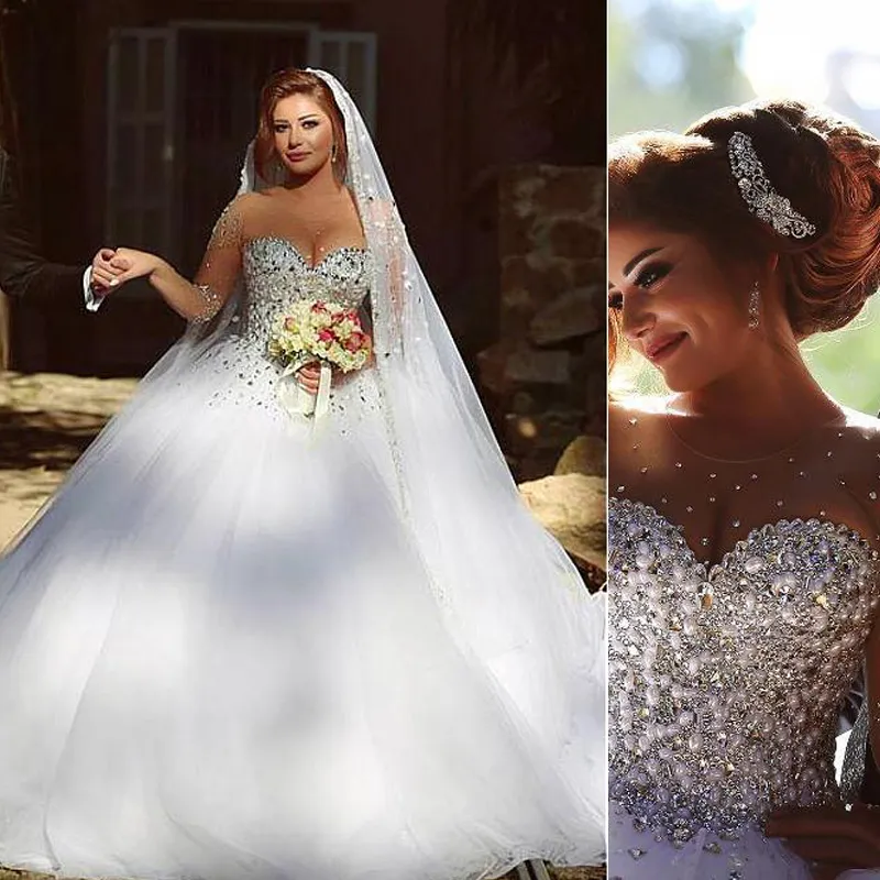 2020 Luxury Pearl Crystal Wedding Dresses Sheer Illusion Bodice Tulle Long Sleeve Wedding Bridal Gowns Plus Size Ball Gown Bride Dresses