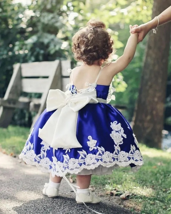 Royal Blue 18 Months Flower Girl Dress Vintage Lace Communion Gowns Bead Ball Gown Child Dresses With Big Bow