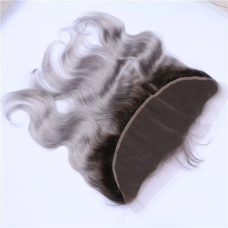 Gratis Midden Drie Deel 13x4 Zilvergrijs Ombre Lace Frontale Sluiting Met Baby Haar Ombre Body Wave 1B/Grijs Donker Wortel Lace Frontals