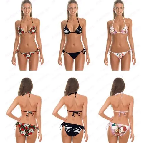 Set bikini con teschio con stampa 3D Fiore colorato Bacio con teschio Costumi da bagno a due pezzi Dita con teschio Costumi da bagno con fasciatura da donna economici