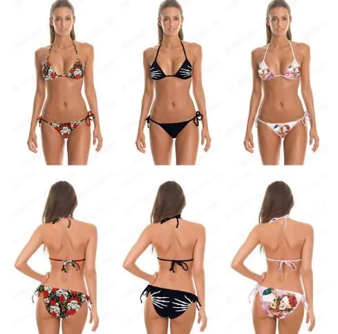 3D-Druck Totenkopf-Bikini-Set, bunte Blumen-Schädel-Kuss, zweiteilige Badeanzüge, Totenkopf-Finger, Damen-Verband, Strandmode, günstig