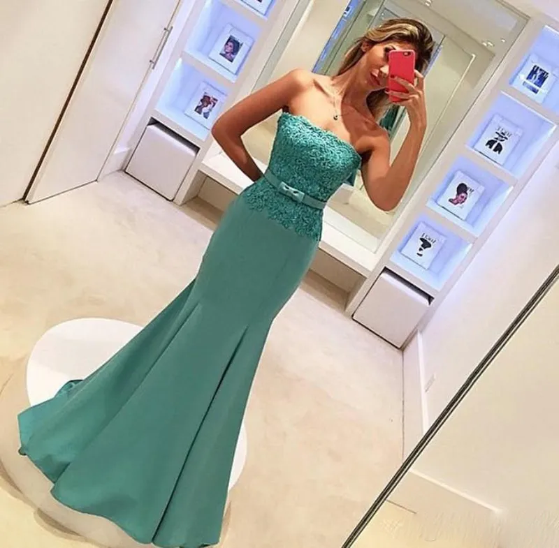 Echte beelden prom dresses zeemeermin stijl 2017 sexy strapless lace lijfje rits boog gordel lange meid van eer jurk feestelijke avondjurken