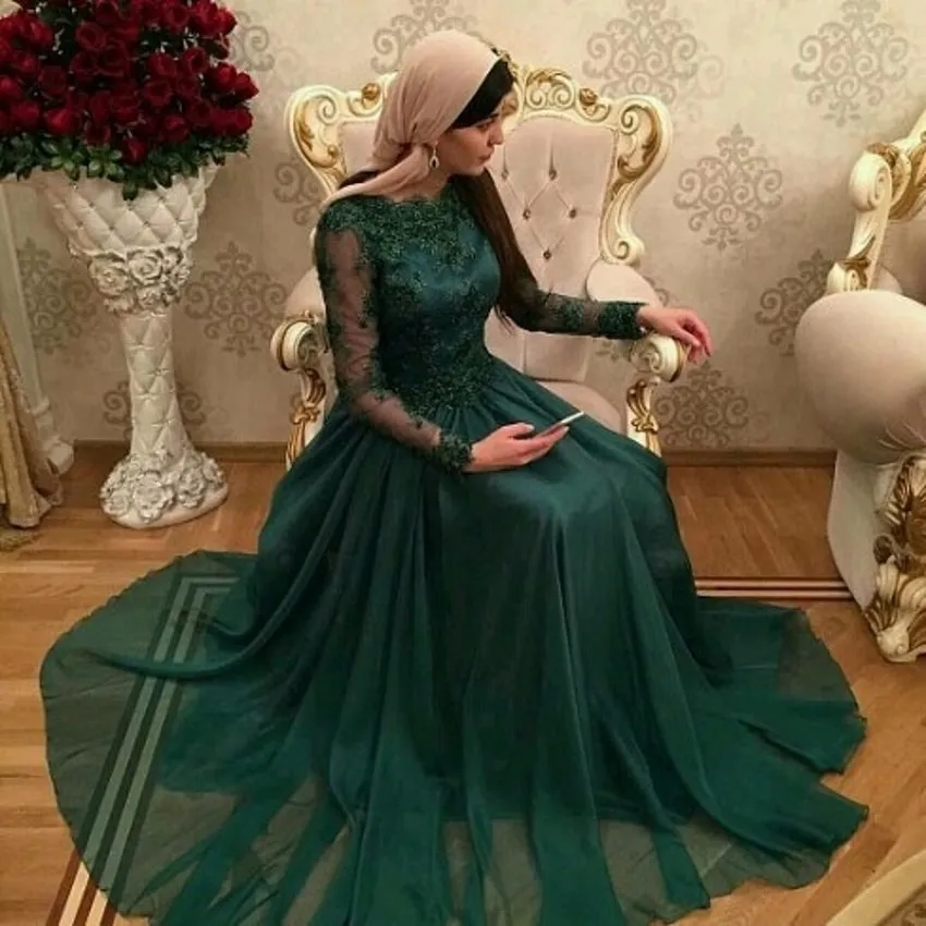 Arabski dubai ciemnozielony suknia wieczorowa aplikacja A-line koronki zamiata pociąg Długie rękawy Formalna Party Suknia Custom Made Plus Size