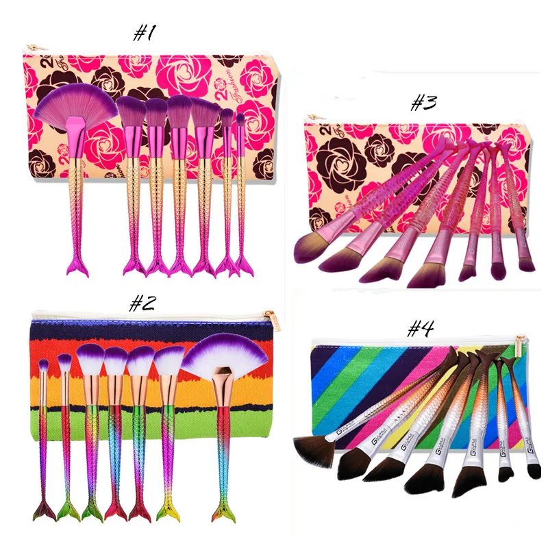 7pcs Mermaid Makeup Brushes Sets per Powder Foundation Contour Eyeshadow Brush Cosmetics Multipurpose Rainbow Make up Kit di spazzole con borsa