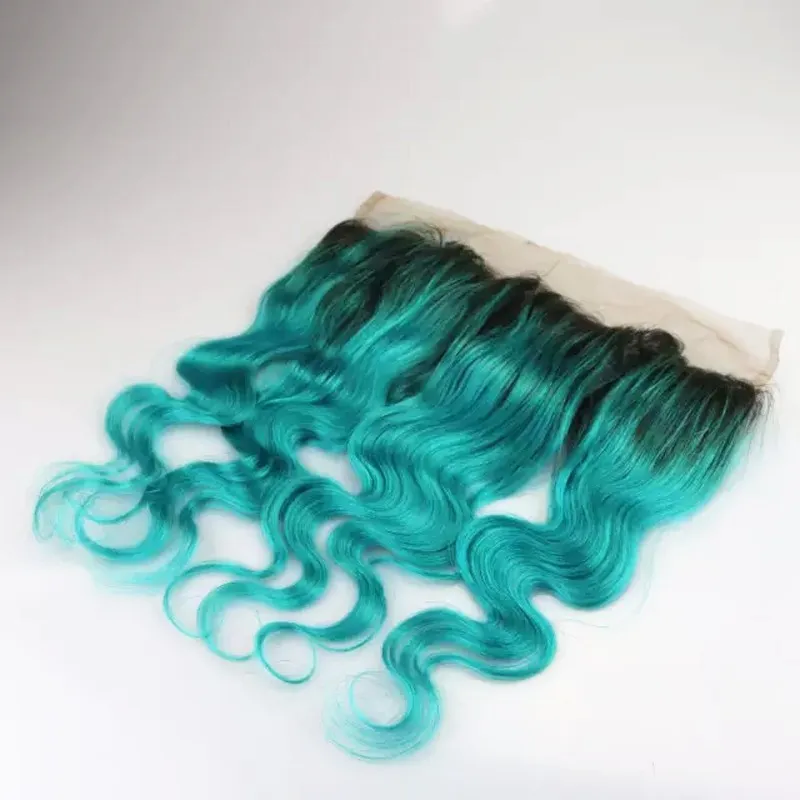 Deux Tons 1B Vert Foncé Racine Ombre Extensions de Cheveux de Vague de Corps Avec Frontaux Armure de Cheveux Turquoise Brésilienne 3 Faisceaux Avec Fermeture Frontale En Dentelle