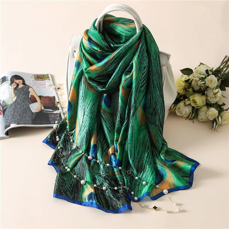 Spring Autumn Designer Silk Scarfs Women Digital Print Green Peacock Feathers Shawls Hijab Scarves Foulard 180cm