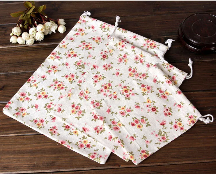 Pure Flower Printed Linen Gift Bag Sachets Travel organza Sack Jewelry Gift Pouches