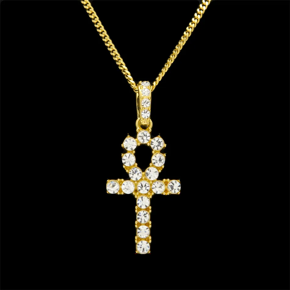 Hip-hopowy srebrny złoty Ankh egipska biżuteria Bling Rhinestone kryształowy klucz do życia egipt krzyż naszyjnik łańcuch kubański