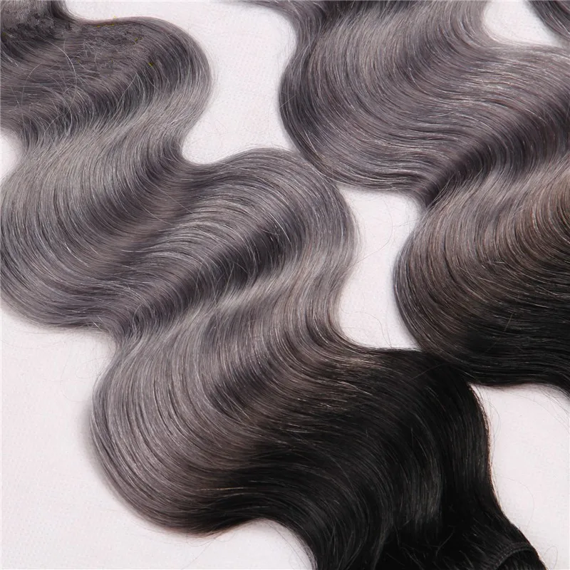 # 1b grau Ombre Körperwelle Haarbündel Peruanischer Human Virgin Sliver Grau Ombre Haarverlängerungen Los 300G Two Tone Grey Hair Wefts