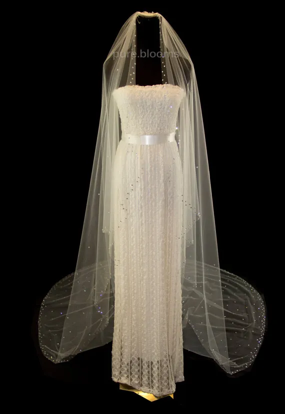 New Arrival  One layer Cathedral Length White Ivory Wedding Veil Crystal Bridal Veils With Comb