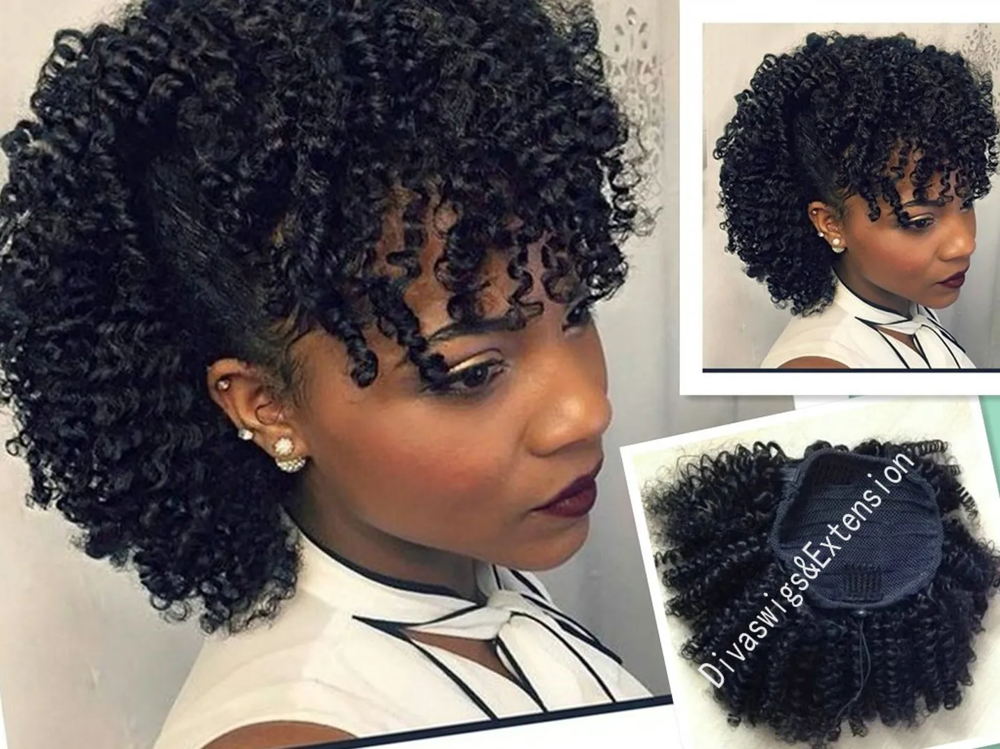 100% Human Hair Ponytail with bang fringe hairpiece For black women afro Curly Hair Brazilian Virgin ponytail hair extension