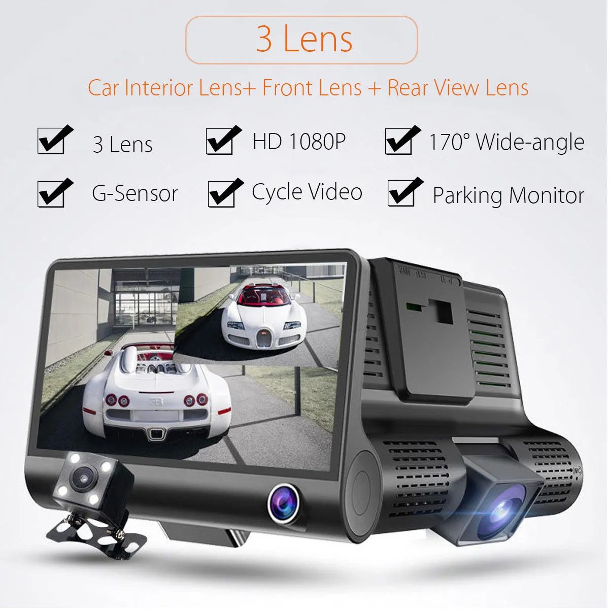 2019 4 '' 1080P HD 170ﾰ 3 Lens Car DVR Dash Cam G-sensor Recorder + Telecamera per la retromarcia Spedizione gratuita