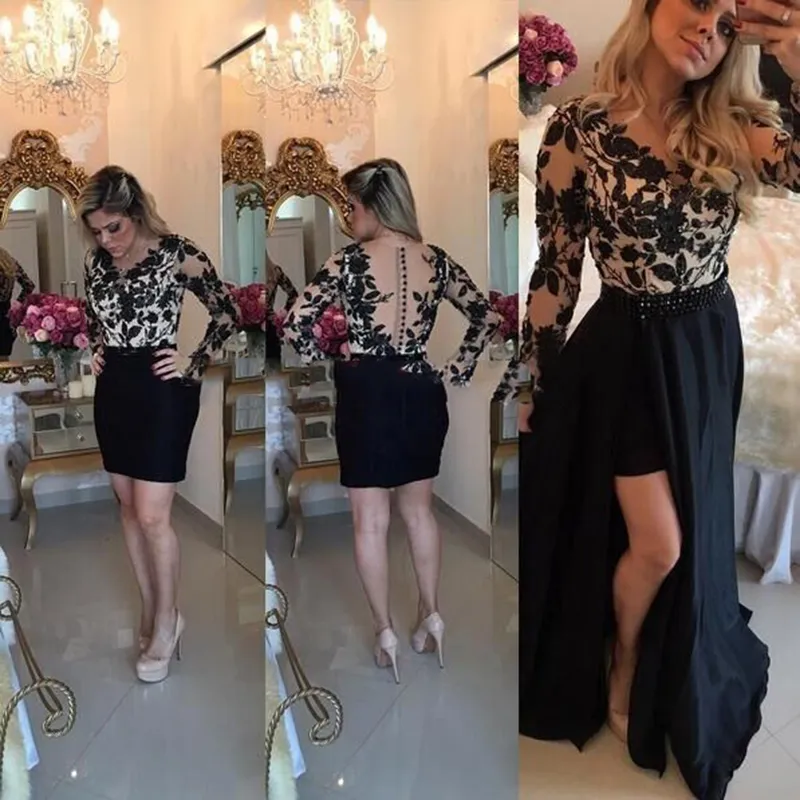 Sexy See Through Dress Black Long Sleeves High Low Prom Dresses With Detachable Skirt Lace Applique Evening Party Dresses Gowns