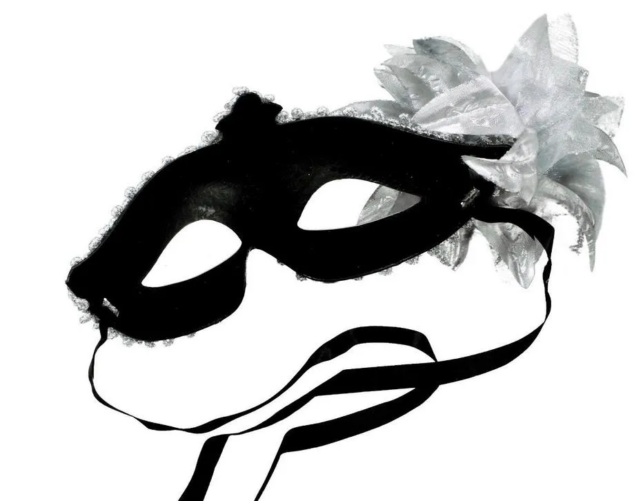 Masquerade Ball Leather Mask With Lily Flower Lace Feather And
