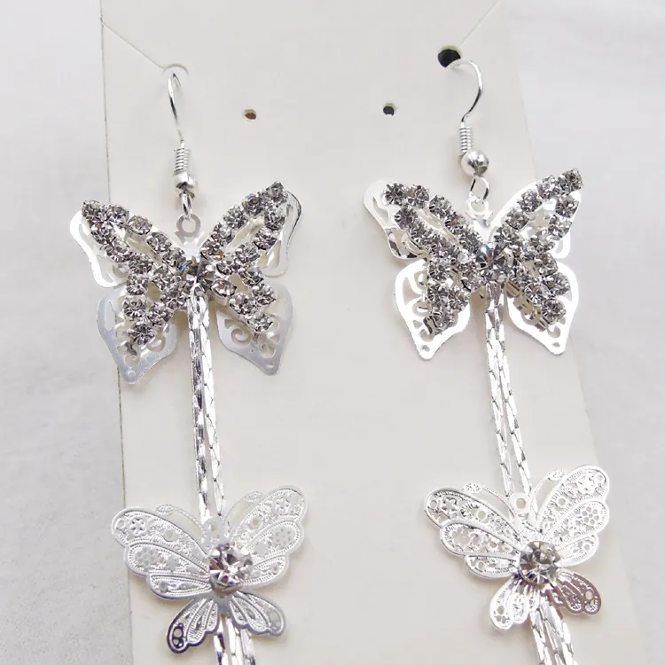 Super lage verkoop! Dubbele lagen vlinder lange kwasten strass meisje / mevrouw vol met diamant vlinder kwasten oorbellen 10 paren