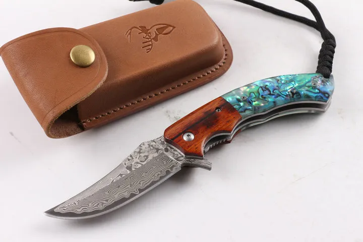 Top Quality VG10 Damasco Flipper Faca dobrável 58Hrc Ramo de Ácido Madeira + Abalone Shell Handle EDC Bolso Facas de Presente Facas de Presente Xmas Presente