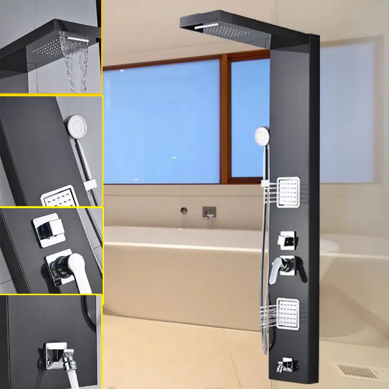 Doccia Multifunzione Pannello Doccia In Acciaio Inox Con Ripiano - 5 Funzioni: Pioggia, Nebbia, Massaggio - Rubinetto Bianco Soffione Pioggia