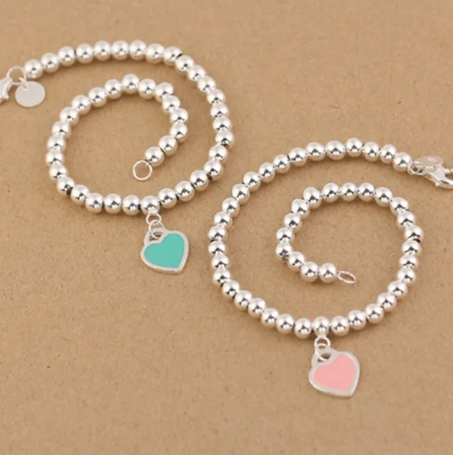 Браслеты-подвески из стерлингового серебра S925, браслет-цепочка с бусинами и эмалью, розовое сердце для женщин и подарок на день, Jewelry219B