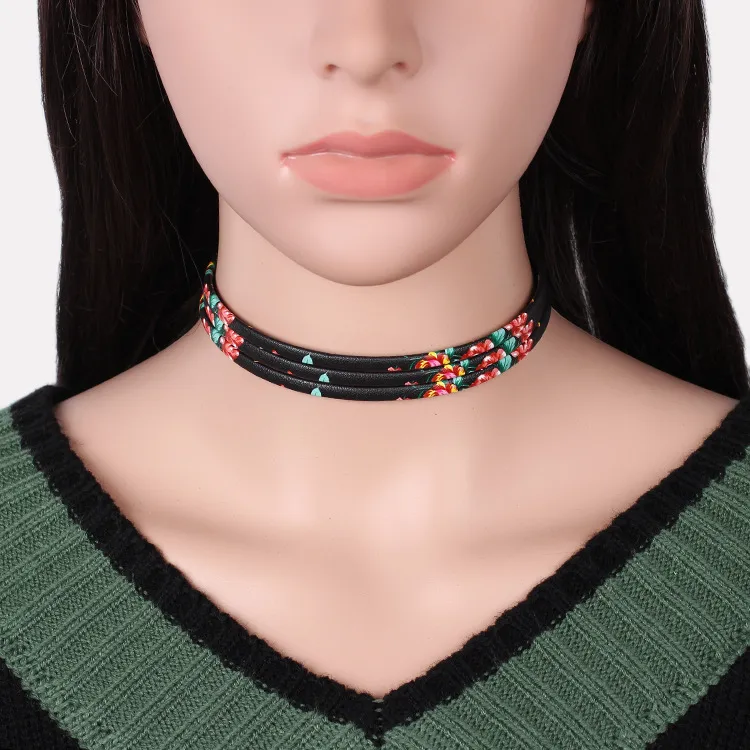 2017 nouveau collier Hot Choker européen et américain colliers en cuir de fleurs à plusieurs étages chokers 5 couleurs