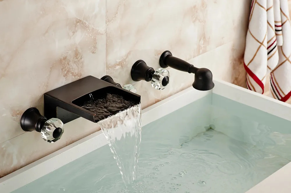 Rubinetto vasca da bagno a cascata a parete Miscelatore vasca in bronzo lucidato a olio 3 maniglie3344153