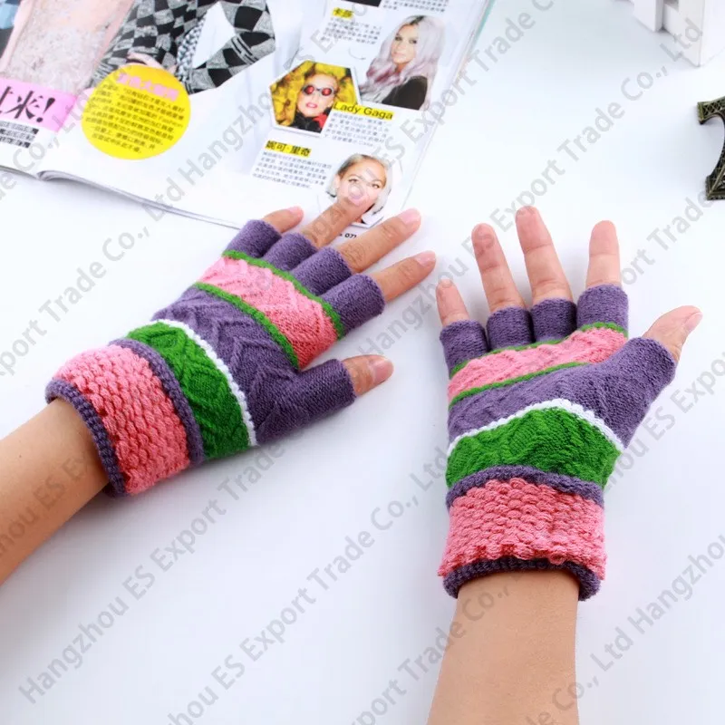 Winter Adult Crochet Gloves Colorful Stripe Knitted Fingerless Glove Wholesale Mittens