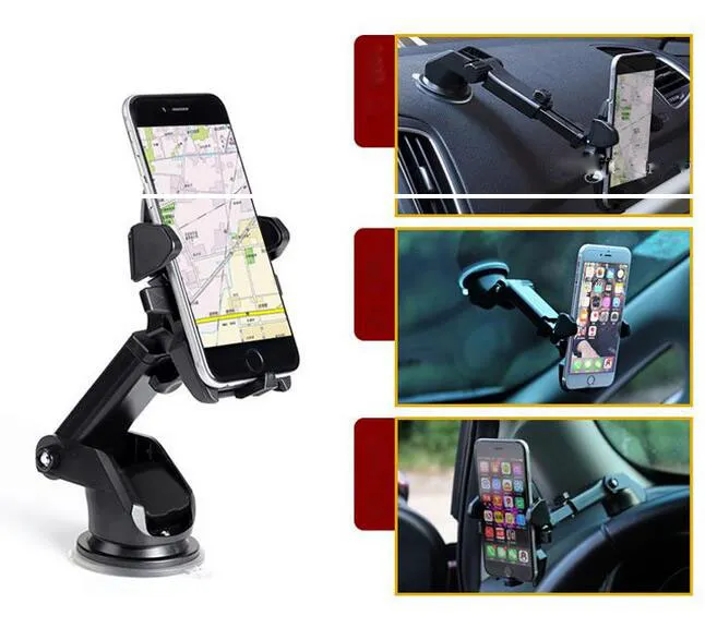 One Touch Car Mount Long Neck Universal Windshield Dashboard Soporte para teléfono móvil Succión fuerte para Samsung S8 Plus iPhone 7 plus Retailpack