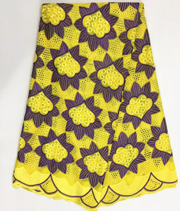 Tessuto di cotone africano a rete da vino alla moda da 5 metri lotto con ricamo giallo pizzo svizzero voile vestirsi bc1347