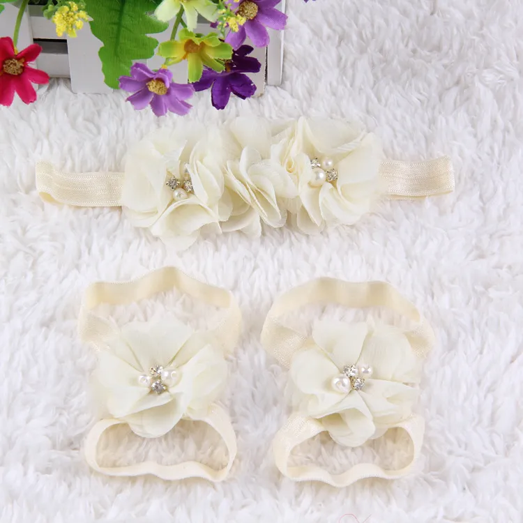 Lindos accesorios para el cabello del bebé pie gasa flor de diamantes de imitación sandalias descalzas + diadema 3 unidsbandas elásticas para el cabello para bebés diademas para niños