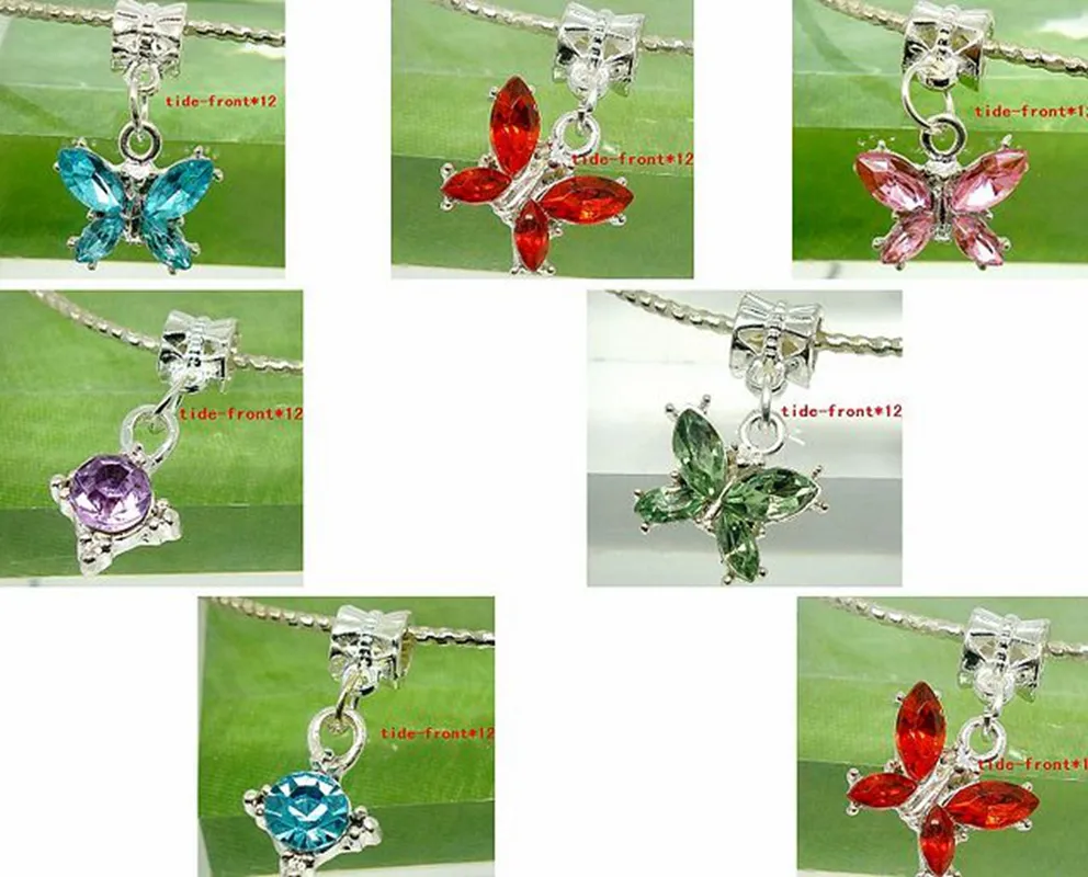 Whole Mixed Beautiful Crystal Butterfly Dangle Big Hole DIY Charms fit European Charms Bracelet Necklace8892384