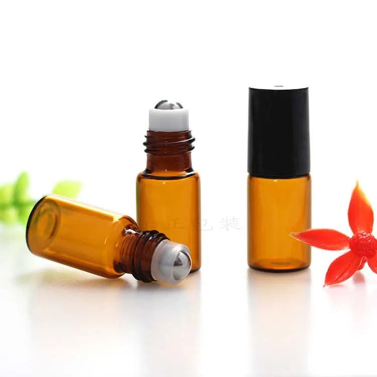 5ml 1 / 6oz bursztynowe szklane rolki na butelce Refillable Essential Oil Perfumy metalowe rolki rolki na butelce Czapka Podróż przenośna