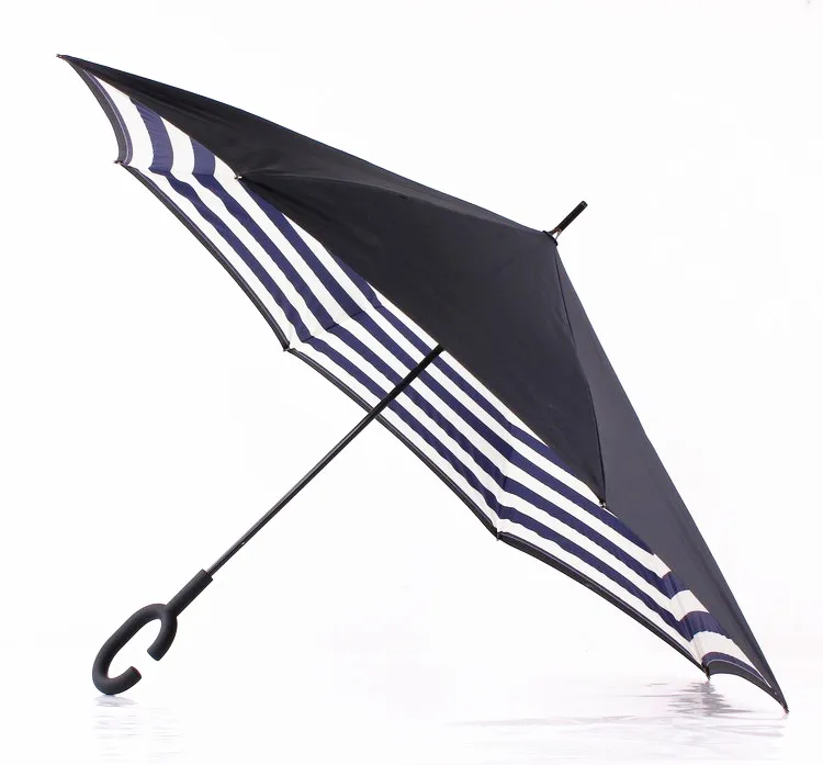 Parapluies inversés à rayures marines en forme de C poignée en forme de J imperméable à l'eau double couche parapluie de voiture inversé Paraguas parapluie de pluie 4 couleurs OOA909
