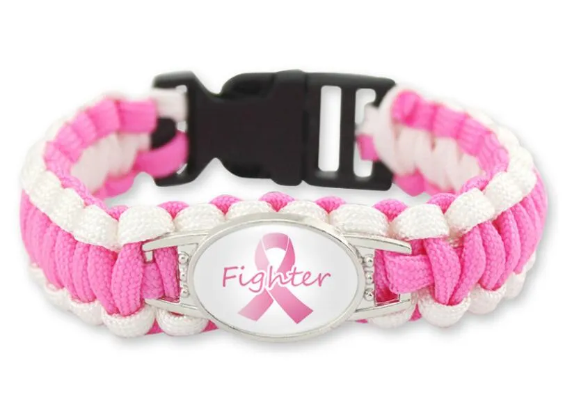 wholesale 7 styles Pink Breast Cancer Fighter Hope Ribbon Awareness Paracord Bracelets Blue Yellow Black Outdoor Camping