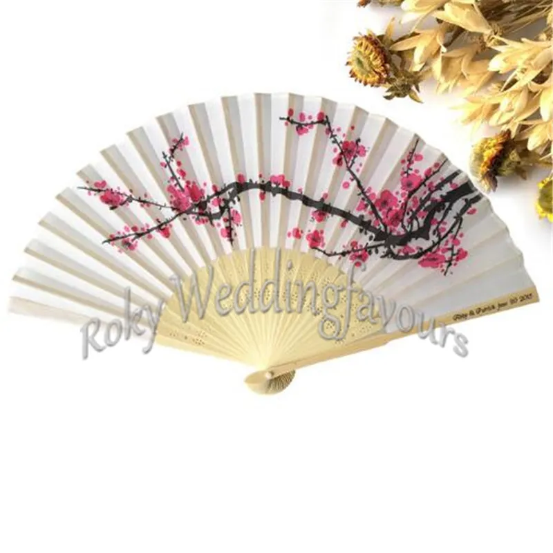 Free Shipping 100pcs Fancy Chinese Silk Bamboo Hand Held Folding Cherry Blossom Fan with Matching Tag Wedding Party Favors Home Supplies