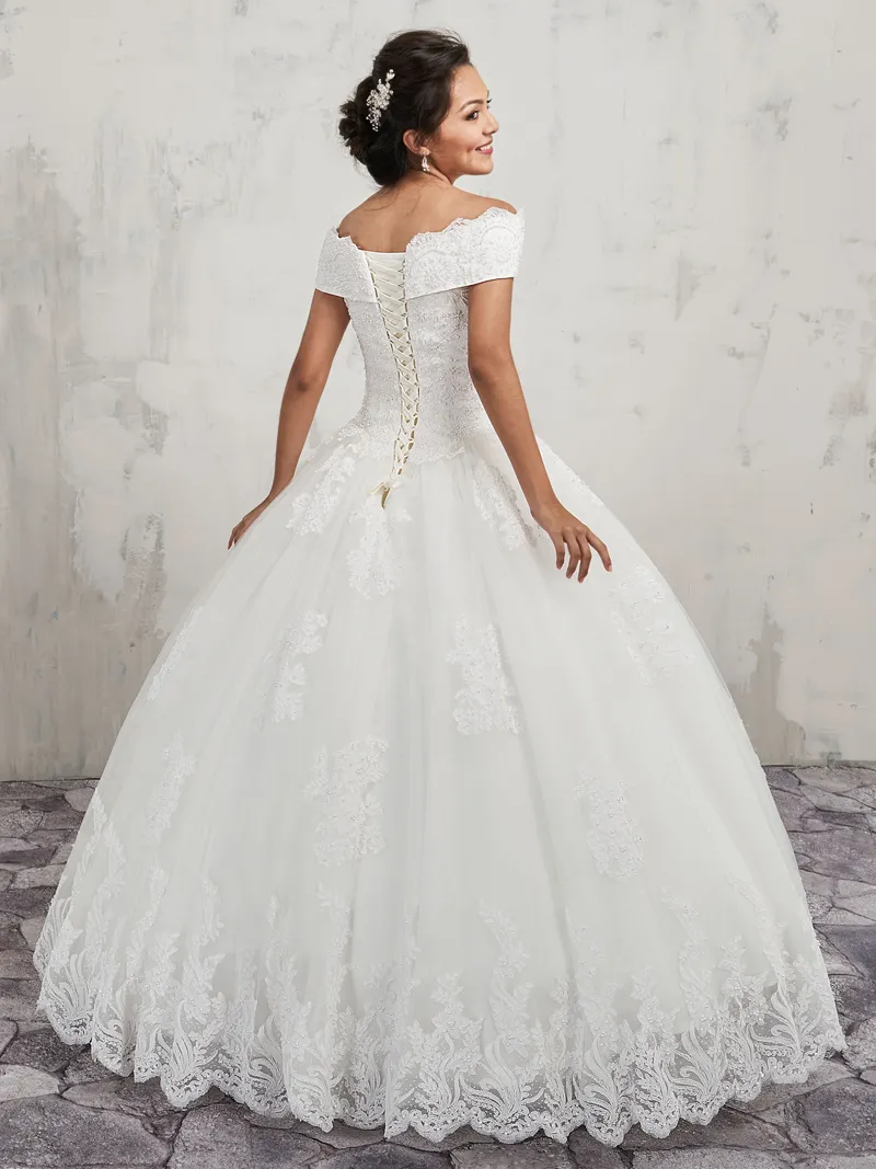 Abiti da sposa vintage in pizzo con scollo a barchetta e spalle scoperte con lacci sul retro Abito da ballo in tulle e applique in pizzo con abiti da sposa impreziositi da perline