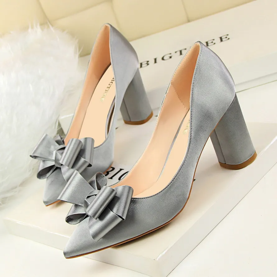 2016 Satin Wedding Shoes With Bow Chunky Heels Pointed Toe Shoes For ...